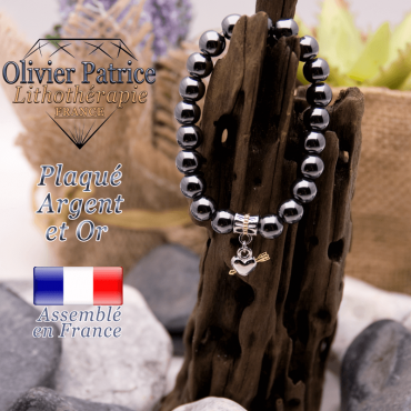 Bracelet hématite charms coeur avec fleche plaqué or-argent