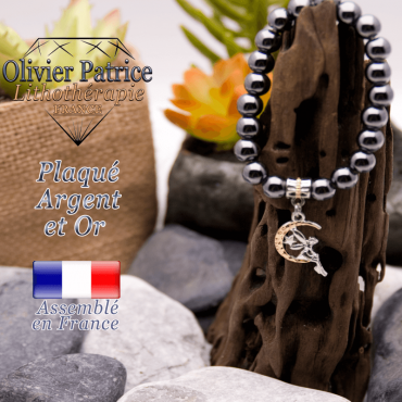 Bracelet hématite charms fée plaqué or-argent