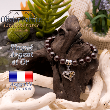 Bracelet grenat charms coeur plaqué or-argent
