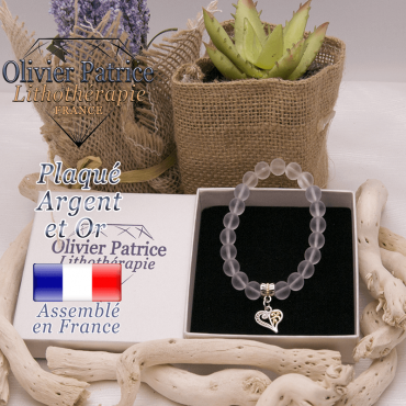 Bracelet cristal de roche opaque charms coeur plaqué or-argent