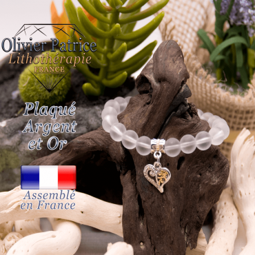 Bracelet cristal de roche opaque charms coeur plaqué or-argent
