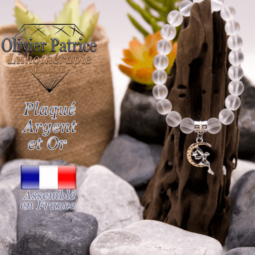 Bracelet cristal de roche opaque charms fée plaqué or-argent