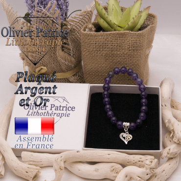 Bracelet améthyste charms coeur plaqué or-argent