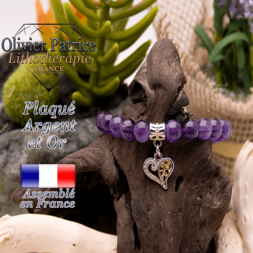Bracelet améthyste charms coeur plaqué or-argent