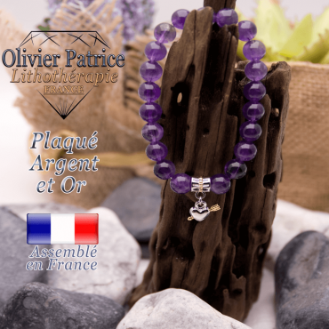 Bracelet améthyste charms cœur avec fleche plaqué or-argent