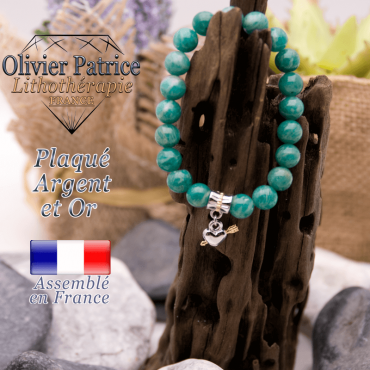 Bracelet amazonite russe charms cœur avec fleche plaqué or-argent