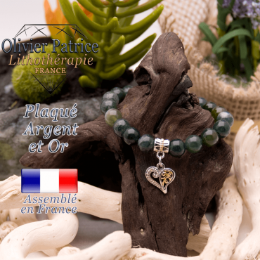 Bracelet agate mousse charms coeur plaqué or-argent