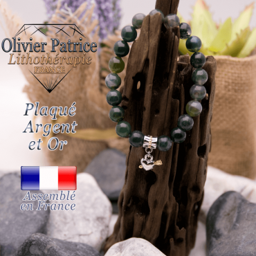 Bracelet agate mousse charms cœur avec fleche plaqué or-argent