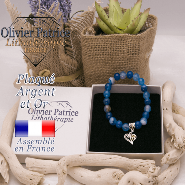 Bracelet agate à bandes bleues charms coeur plaqué or-argent