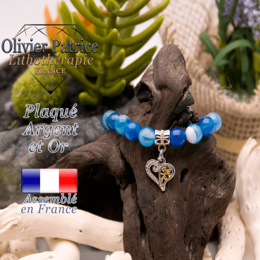 Bracelet agate à bandes bleues charms coeur plaqué or-argent