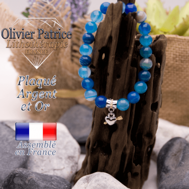 Bracelet agate à bandes bleues charms cœur avec fleche plaqué or-argent