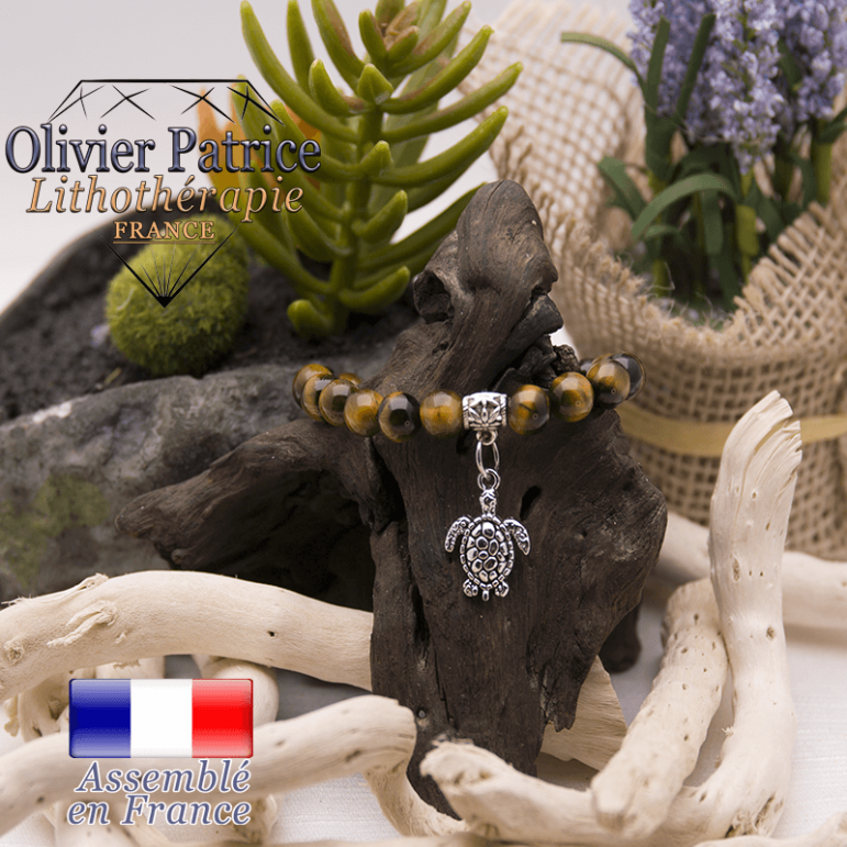 Bracelet Œil de Tigre et son charms tortue en alliage