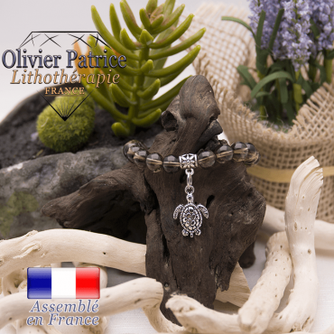 Bracelet quartz fumé et son charms tortue en alliage
