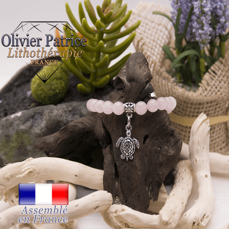 Bracelet quartz rose et son charms tortue en alliage