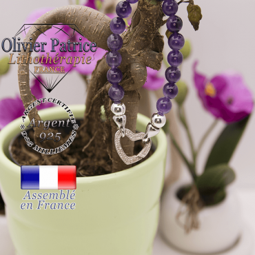 Bracelet améthyste et son fermoir coeur en argent 925