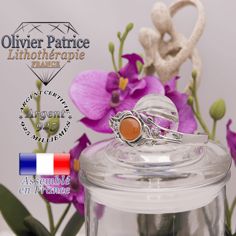 Bracelet aventurine orange ouvert avec fleurs en argent 925