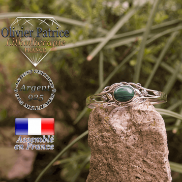 Bracelet malachite ouvert avec fleurs en argent 925
