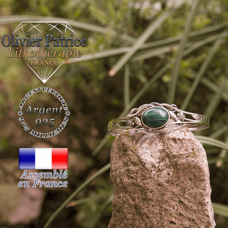 Bracelet malachite ouvert avec fleurs en argent 925