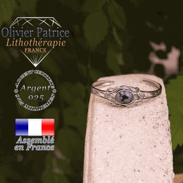 Bracelet obsidienne neige ouvert avec fleurs en argent 925