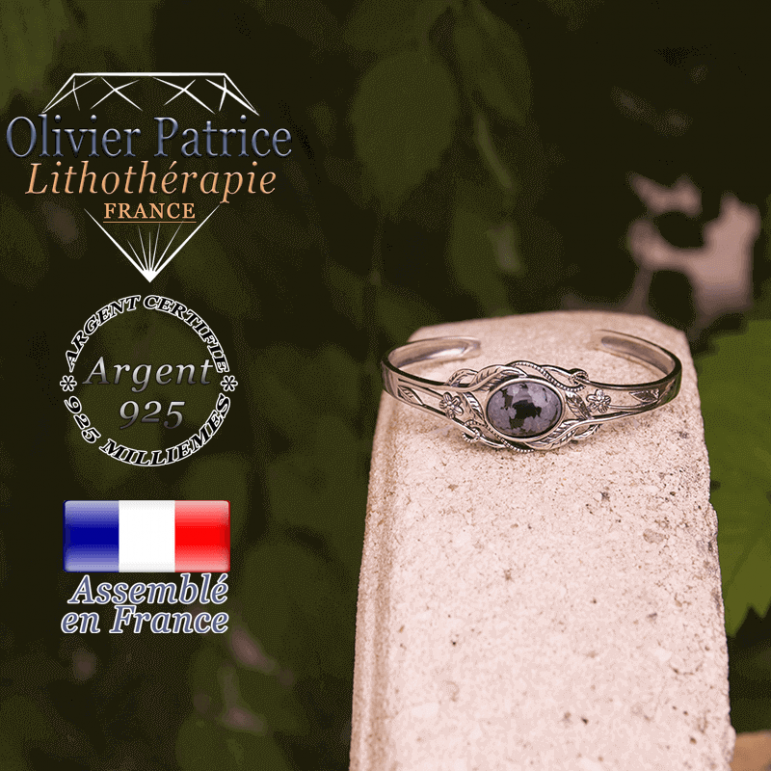 Bracelet obsidienne neige ouvert avec fleurs en argent 925