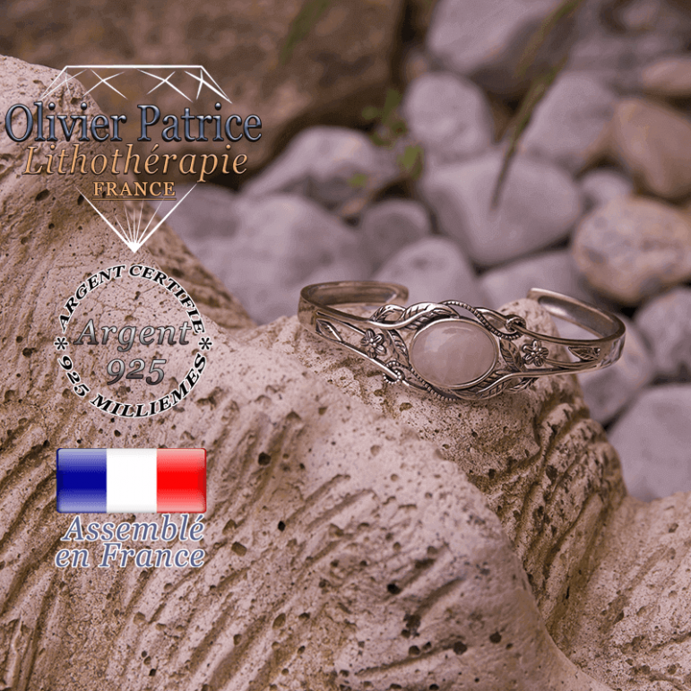 Bracelet quartz rose ouvert avec fleurs en argent 925