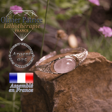 Bracelet quartz rose toile d'araignée ouvert en argent 925