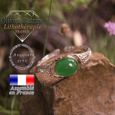 Bracelet agate verte toile d'araignée ouvert en argent 925