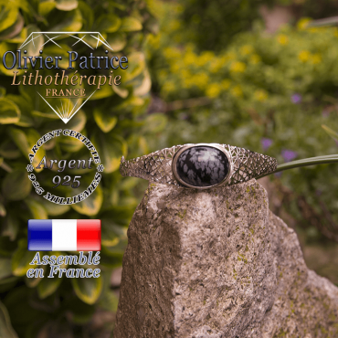 Bracelet obsidienne neige toile d'araignée fermé en argent 925