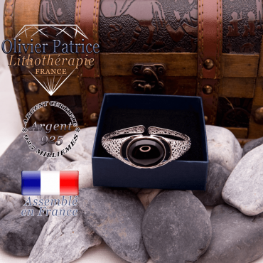 Bracelet obsidienne toile d'araignée ouvert en argent 925