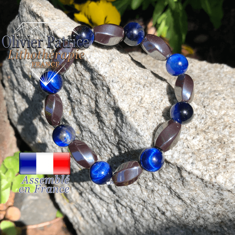Bracelet oeil de tigre teinte bleue rondes et hématite facettées