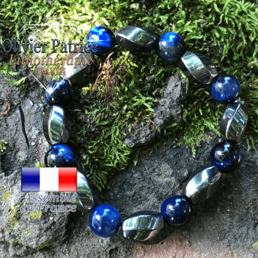 Bracelet oeil de tigre teinte bleue rondes et hématite facettées