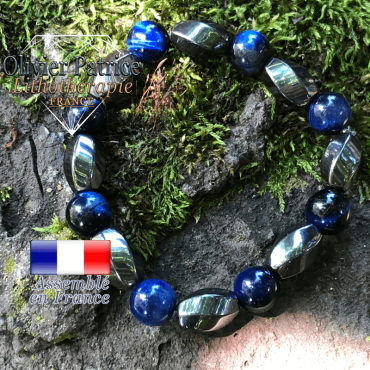 Bracelet oeil de tigre teinte bleue rondes et hématite facettées
