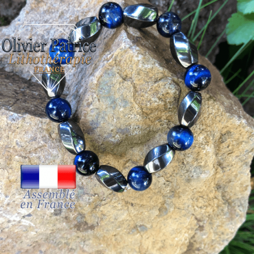 Bracelet oeil de tigre teinte bleue rondes et hématite facettées
