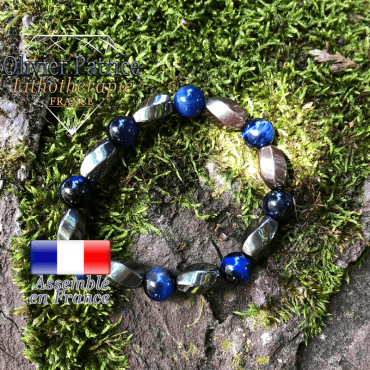 Bracelet oeil de tigre teinte bleue rondes et hématite facettées