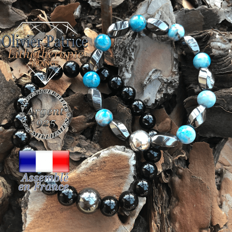 Bracelets pour votre couple vendus ensemble : constitué en hématite, apatite et tourmaline en argent 925