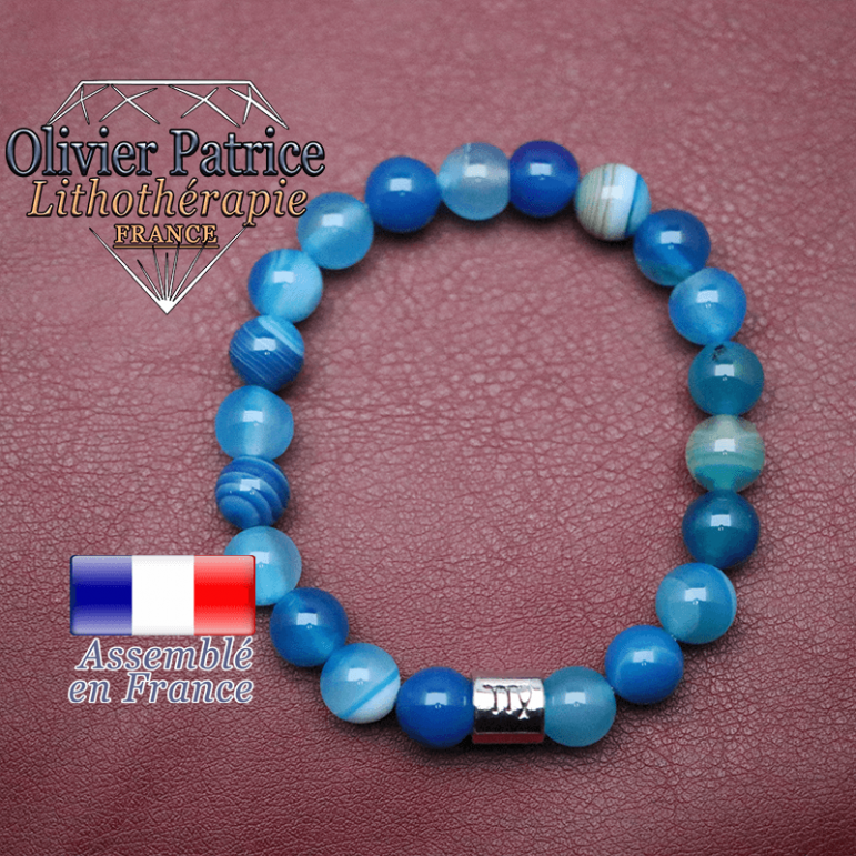 Bracelet agate à bandes bleues et son signe astrologique en alliage