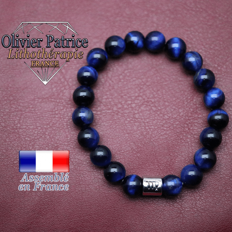 Bracelet Œil de tigre teinte bleue et son signe astrologique en alliage