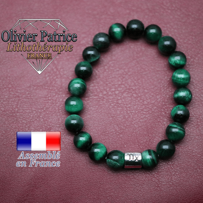 Bracelet Œil de tigre teinte verte et son signe astrologique en alliage