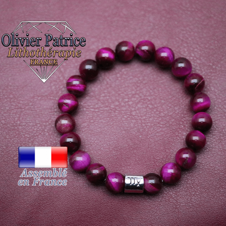 Bracelet Œil de tigre teinte violette et son signe astrologique en alliage