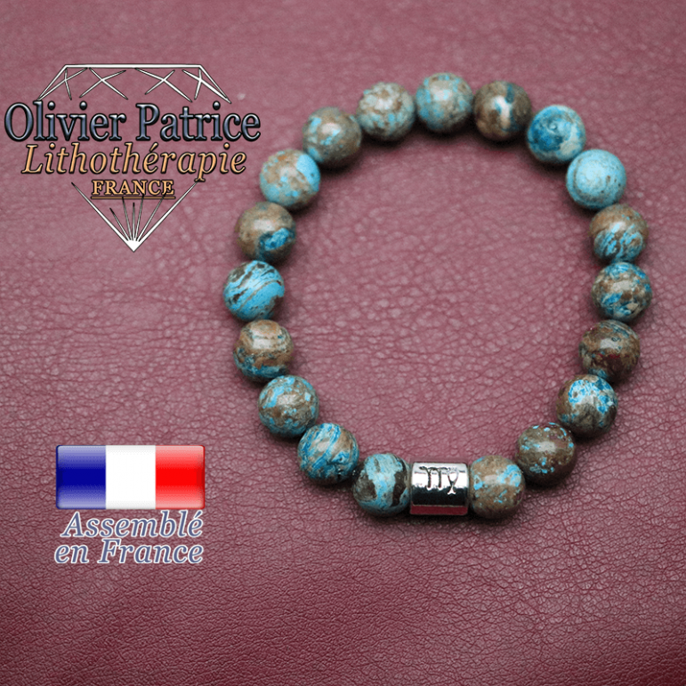 Bracelet agate crazy lace bleu et son signe astrologique en alliage
