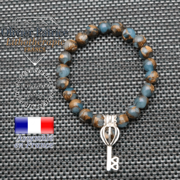 Bracelet bornite bleu et or  cage clé en argent 925