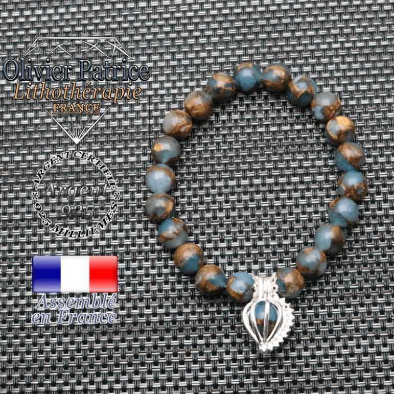 Bracelet bornite bleu et or cage strass argent 925