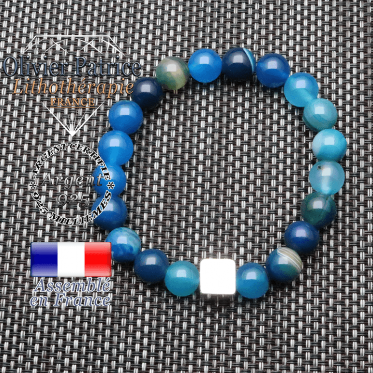 Bracelet agate à bandes bleues et son cube en argent 925