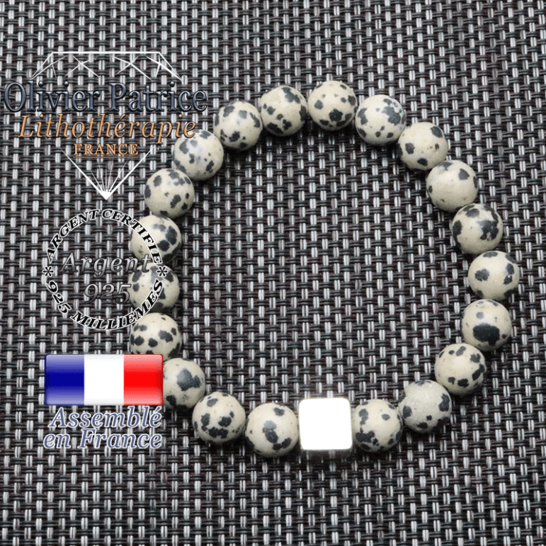 Bracelet jaspe dalmatien et son cube en argent 925