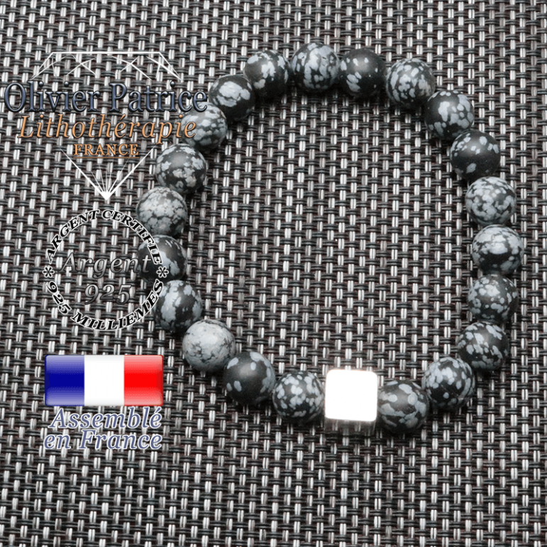 Bracelet obsidienne neige et son cube en argent 925