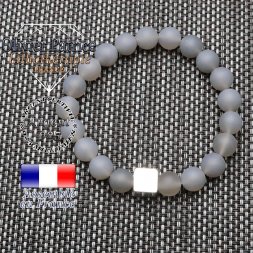 Bracelet agate grise opaque et son cube en argent 925