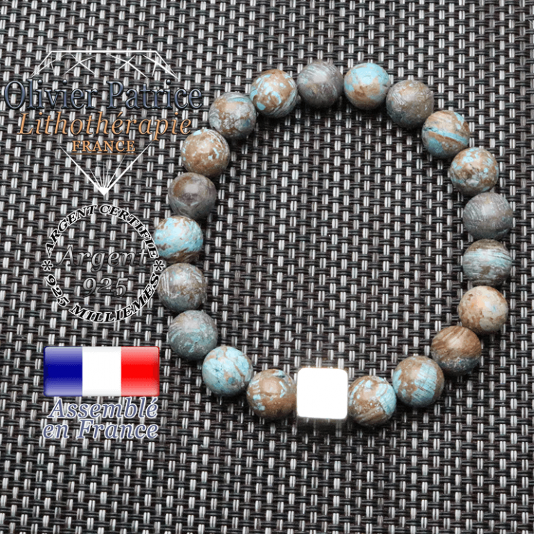 Bracelet agate crazy lace bleu et son cube 10 mm en argent 925