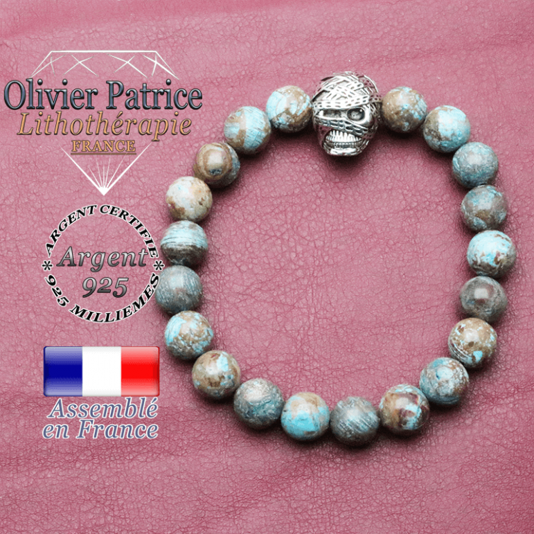 bracelet homme en agate crazy lace bleu pierre naturelle en 10 mm avec tête de momie en argent 925