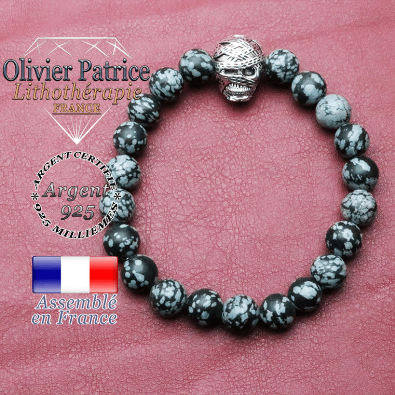 bracelet homme en obsidienne-neige  pierre naturelle en 10 mm