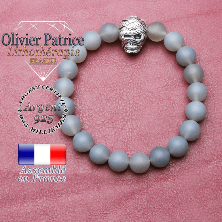 bracelet homme en agate- grise opaque pierre naturelle en 10 mm